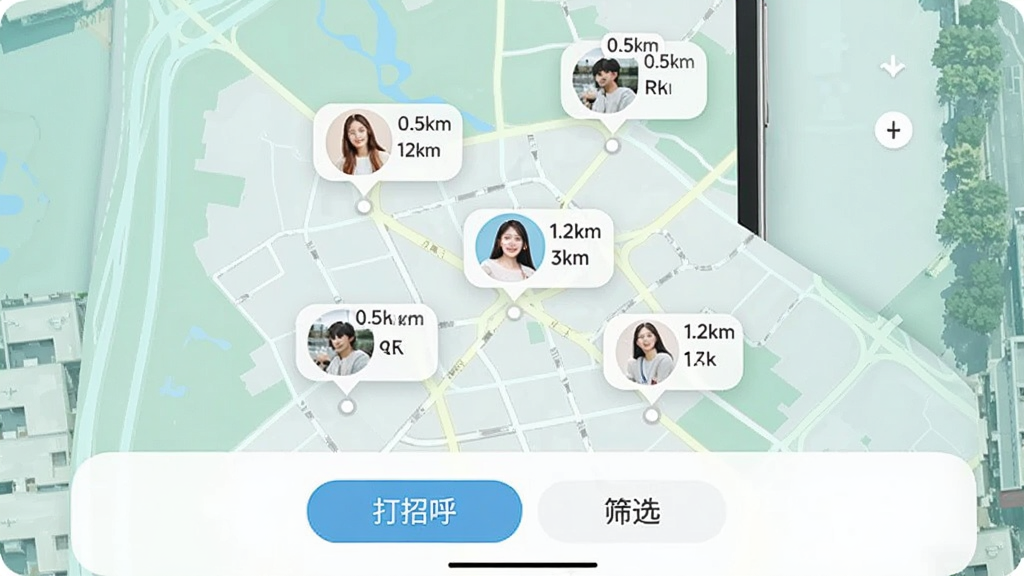 手机界面展示投缘的同城地图,地图上散落着多个用户头像气泡,显示距离如“0.5km”“1.2km”,底部有“打招呼”和“筛选”按钮,画面风格清新明快,布局直观,画质干净,无多余元素