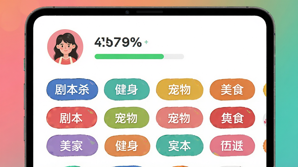 投缘软件的兴趣标签选择界面,屏幕上排列着多个彩色标签如“剧本杀”“健身”“宠物”“美食”,用户头像旁显示匹配度百分比,界面风格活泼,布局整齐,画质干净,无多余元素