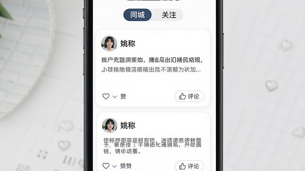 投缘动态广场界面,用户发布的图文动态卡片纵向排列,卡片上有头像、昵称、文字内容和点赞评论按钮,顶部有“同城”和“关注”两个标签,界面风格清爽,布局舒适,画质干净,无多余元素