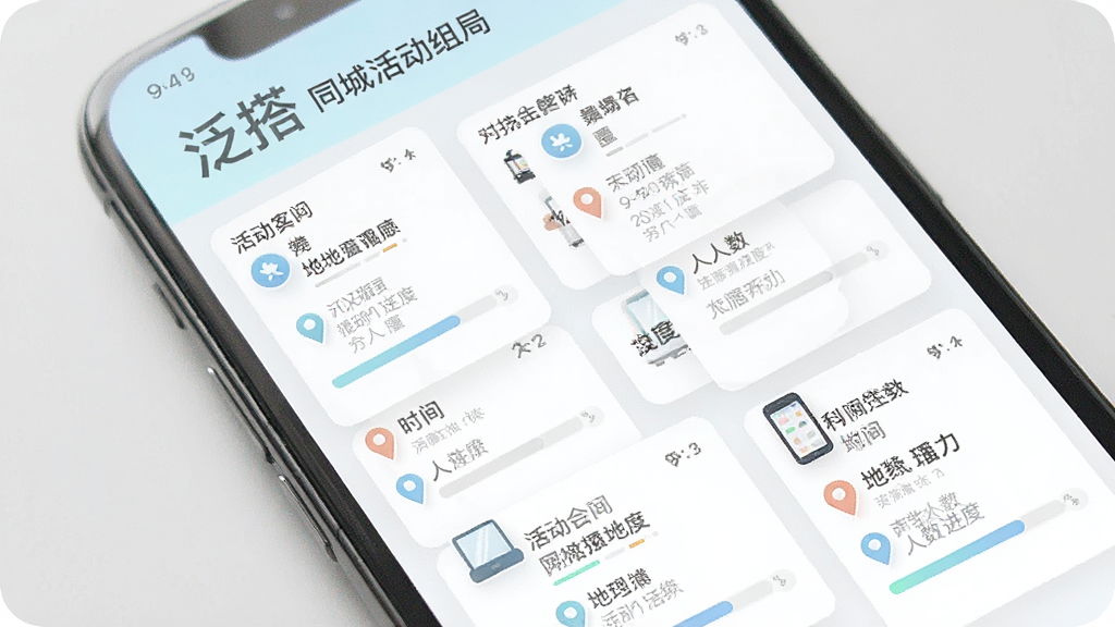 泛搭 同城活动组局界面展示 主体为手机屏幕显示活动列表 布局为卡片式排列 每个卡片包含活动名称 时间 地点 人数进度条 排版整齐 风格清新明快 细节图标精致 画质清晰 无多余元素