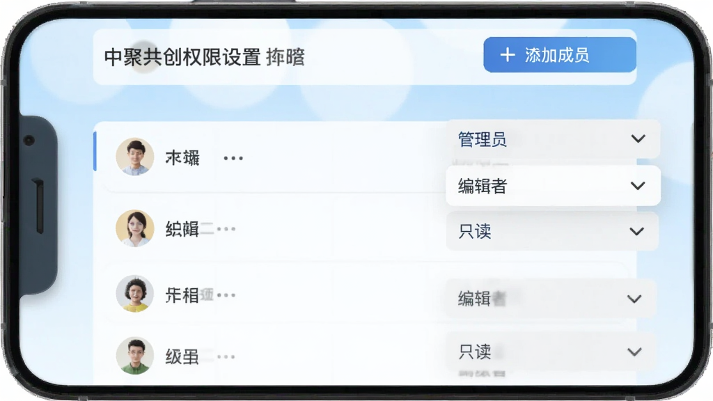 �о۹���Ȩ�����ý��棬�ֻ���Ļ��ʾ��Ա�б���ÿ����Ա�Ҳ���Ȩ�������˵���ѡ���������Ա���༭�ߡ�ֻ�����������Ŷ����ƺ����ӳ�Ա��ť������Ϊǳ��ɫ���䣬����ƽ�������ʸɾ����޶���Ԫ��