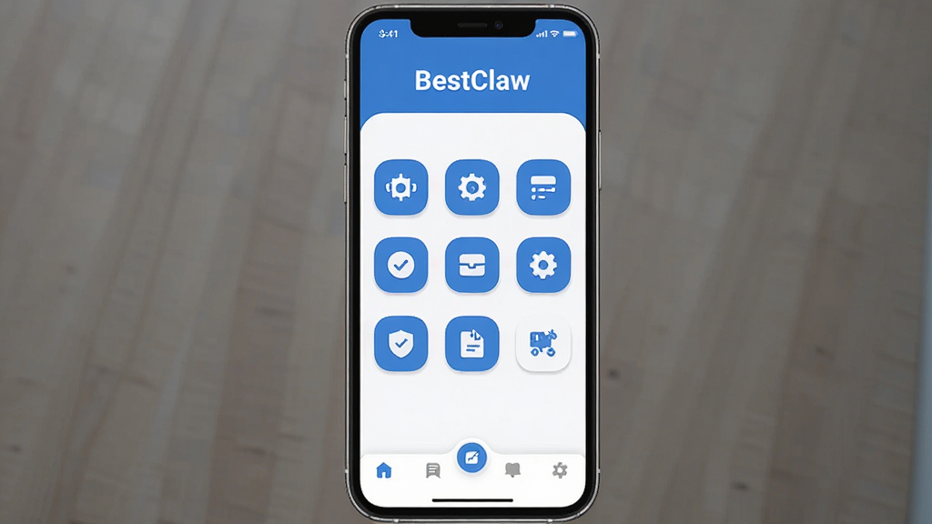 һ���ֻ�Ӧ�ý���չʾͼ��������BestClaw�����������棬���ּ�࣬������ʾ��������BestClaw���м��ǹ���ͼ����󣬵ײ��е��������Ű�����������ִ���ƽ������ɫ������Ϊ����ϸ��Բ�󣬻��ʸɾ��޶���Ԫ��