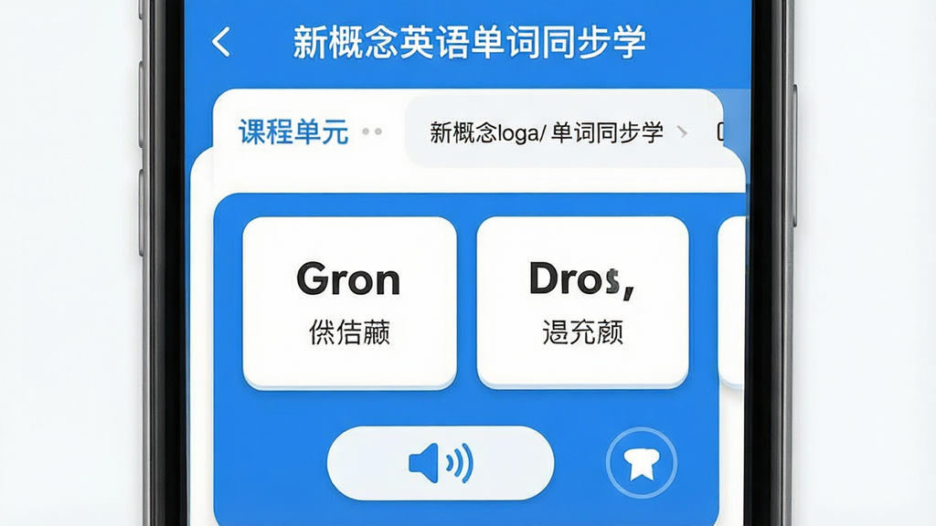 һ���ֻ���Ļչʾ���棬���������ǡ��¸���Ӣ�ﵥ��ͬ��ѧ��App����ҳ���Ϸ���ʾ�γ̵�Ԫ�б����м��ǵ��ʿ�Ƭ������Ӣ�ĵ��ʺ��������壬�·��з�����ť���ղ�ͼ�꣬���岼�ּ�����������Ϊ�ִ���ƽ����������ɫ��ϸ��Բ�󣬻��ʸɾ����޶���Ԫ�ء�