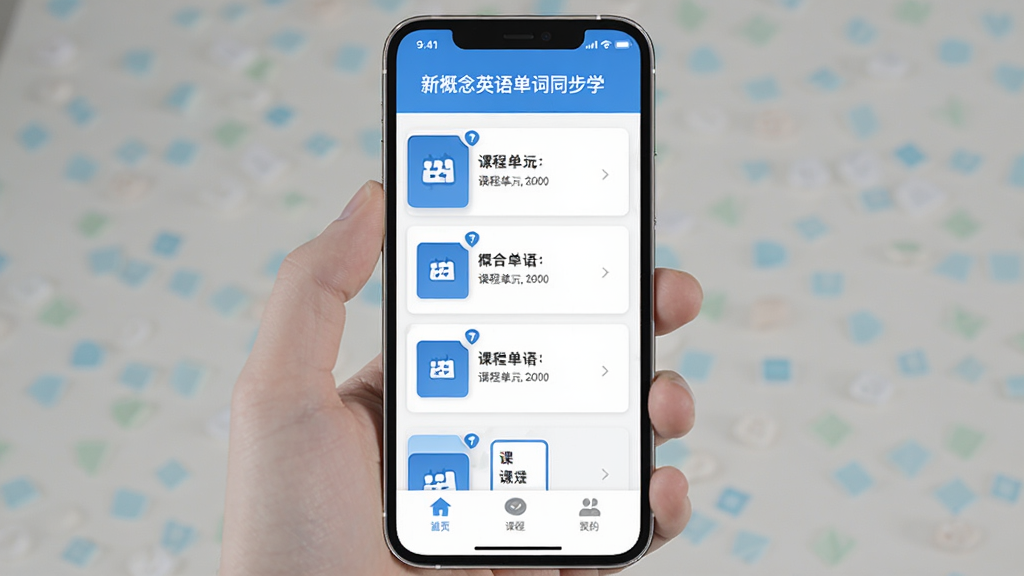 һ���ֻ�App����չʾͼ������Ϊ���¸���Ӣ�ﵥ��ͬ��ѧ������ҳ��������ʾ�������ƣ��м��������Ŀγ̵�Ԫ��Ƭ�б����ײ��Ǽ������Ĺ��ܱ�ǩ����������û�й�����͵�������ɫ����ɫ�Ͱ�ɫΪ������񼫼��ִ������ʸɾ����޶���Ԫ�ء�