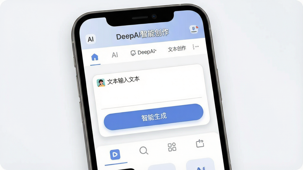 һ��չʾDeepAI���ܴ����������Ľ����ͼƬ���������ֻ���Ļ��ʾAI���ܴ���������ҳ�棬����Ϊ�����������ơ�DeepAI���ܴ������ͼ�ർ�������м����ı��������������ɰ�ť���ײ��ǹ����л���ǩ���Ű��������򣬷���ִ���ƽ����ϸ��Բ��ť�������Ӱ�����ʸɾ������޶���Ԫ��