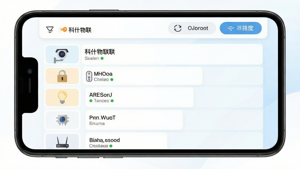 ��ʲ�������豸ͳһ��������ʾ��ͼ������չʾһ���ֻ���Ļ����Ļ���ǿ�ʲ����App���豸�б�ҳ�棬�����ʾ�����ͬ�豸��ͼ�꣬��������ͷ�����������ݡ���������·�������Ҳ��Ӧ��ʾÿ���豸�����ƺ�����״̬��������ɸѡ������ť�������Կ�Ƭ��ʽ���֣�����Ϊ��ɫ��ǳ��ɫ���䣬�����ˬ�����������ɶ������ʸɾ���������Ԫ�ء�