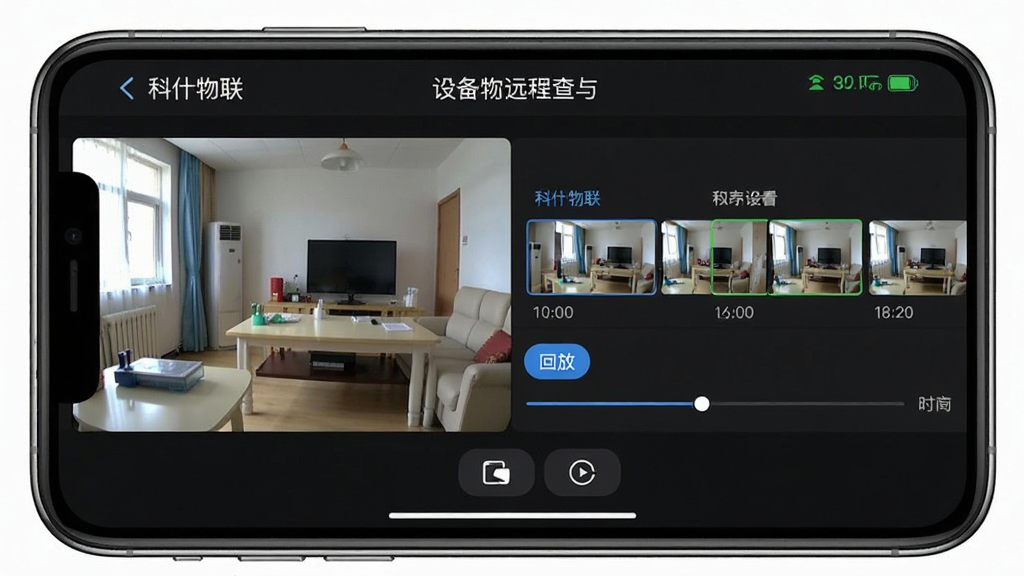 ��ʲ����Զ�̲鿴��طŹ���չʾͼ��������һ���ֻ�������ʾ��ʲ����App�ļ�ػ��棬��Ļ�����ʵʱ��Ƶ���棬���½��лطŰ�ť��ʱ�����������ʱ�����ϱ�ע�˲�ͬʱ��ε�¼��Ƭ�Σ�������ʾ�豸���ƺ�����״̬���ײ��н�ͼ��¼�ư�ť������Ϊ��ɫģʽ������Ԫ�����������ʸɾ����޶���װ�Σ�����Ϊ���ġ�