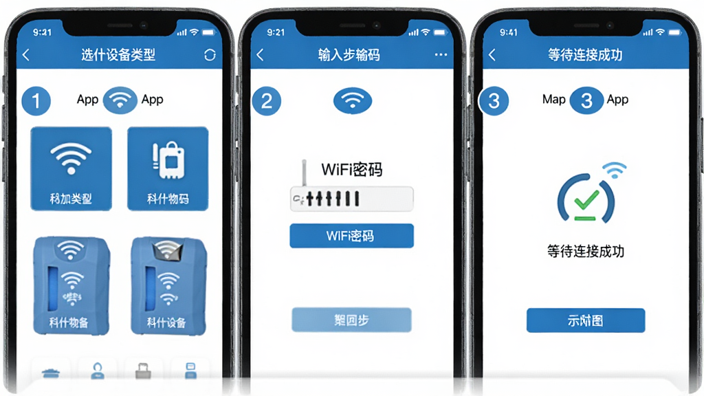 ��ʲ���������豸����ʾ��ͼ������Ϊ�ֻ���Ļ��ͼ���չʾ��ʲ����App�����豸������������棬��һ��ѡ���豸���ͣ��ڶ�������WiFi���룬�������ȴ����ӳɹ���ÿ�����������ֱ�ע˳�򣬽�������ɫΪ��ɫ����ͼ���࣬��������������Ϊ����ɫ�����ʸɾ����޶���Ԫ�أ�������ͳһ��