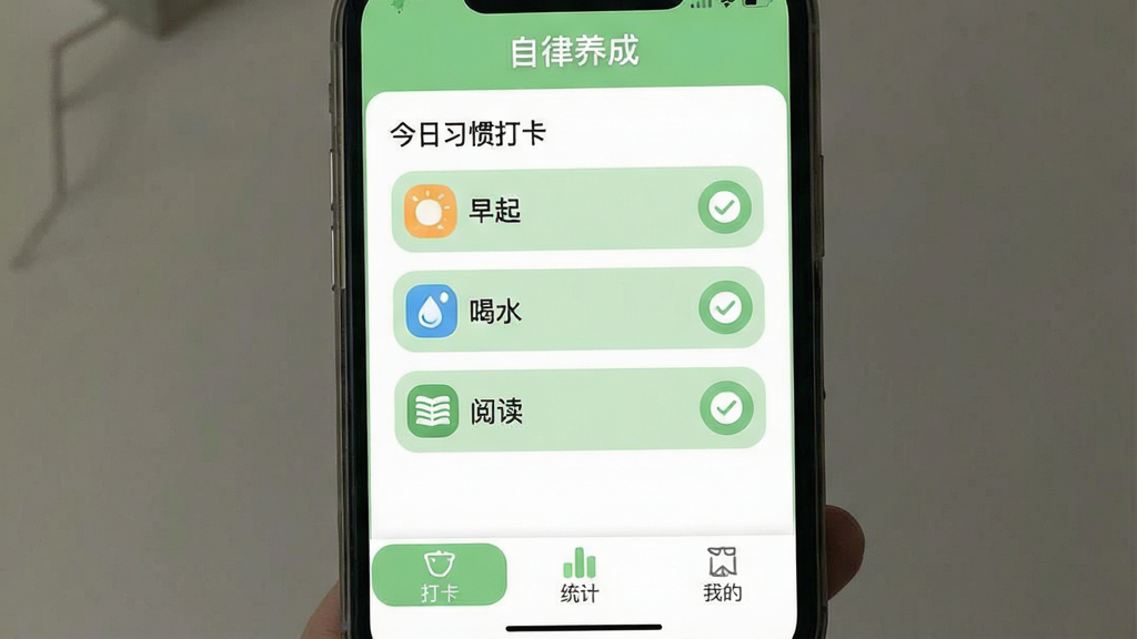 һ���ֻ���Ļչʾ�����ͼ�����������ǡ��������ɡ�App����ҳ�������С��������ɡ�App�������֣��м��ǽ���ϰ�ߴ��б����������𡢺�ˮ���Ķ�������Ŀ��ÿ����Ŀ�Ҳ���Բ�ι�ѡ��ť���ײ��Ǵ򿨡�ͳ�ơ��ҵ�����ѡ��������԰�ɫ��ǳ��ɫΪ��ɫ�������ɾ���ˬ��ͼ��Բ�󣬲��ּ�࣬�����������޶���Ԫ��