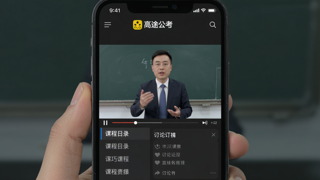 �ֻ���Ļչʾ��;����APP�Ŀγ̲��Ž��棬��Ƶ��һλ��ʦ���ڽ�������д�����ɣ���Ļ�Ϸ���ʾ����;������Logo���·��пγ�Ŀ¼��������������Ϊ��ɫģʽ�����רҵ���ȣ������������޶���Ԫ��