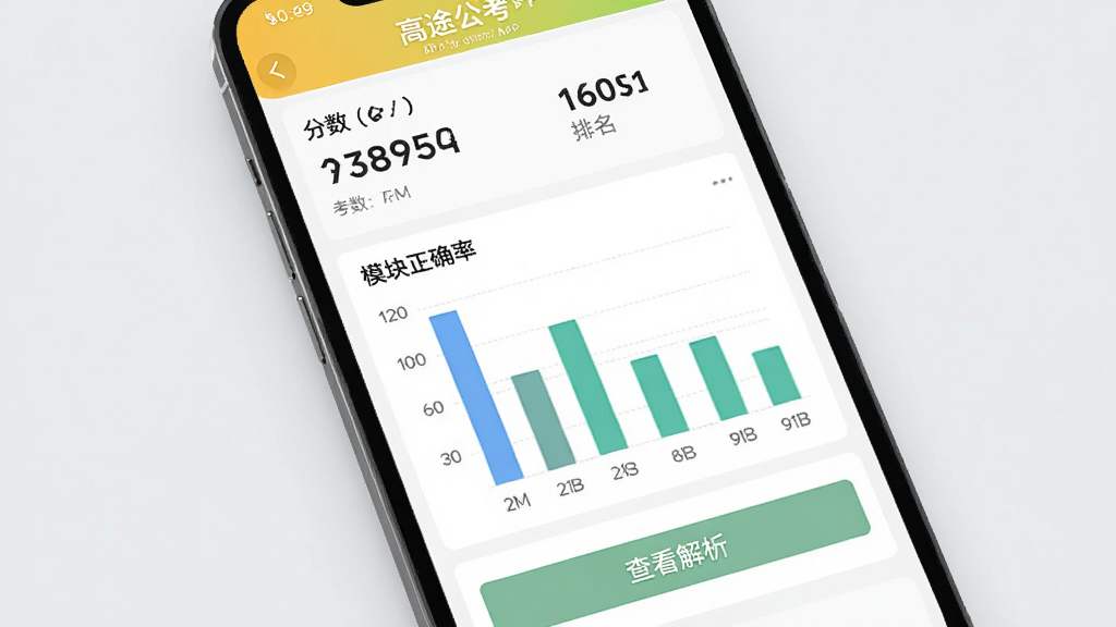 �ֻ���Ļչʾ��;����APP��ģ�⿼�Խ��ҳ�棬��Ļ�Ϸ���ʾ�������������м��Ǹ�ģ����ȷ����״ͼ���·��С��鿴��������ť������Ϊǳ��ɫ��������ݿ��ӻ����������ʸɾ����޶���Ԫ��