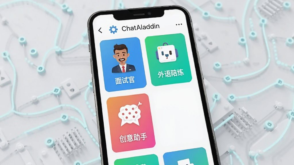 ChatAladdin�ೡ����ɫ���ݹ���չʾͼ��������չʾ�ֻ���Ļ����Ļ�ڳ��ֶ����ɫ��Ƭ���������Թ١�������������������ͼ�꣬��Ƭɫ������������Ϊǳɫ�Ƽ�������������¼�࣬��������������Ԫ��