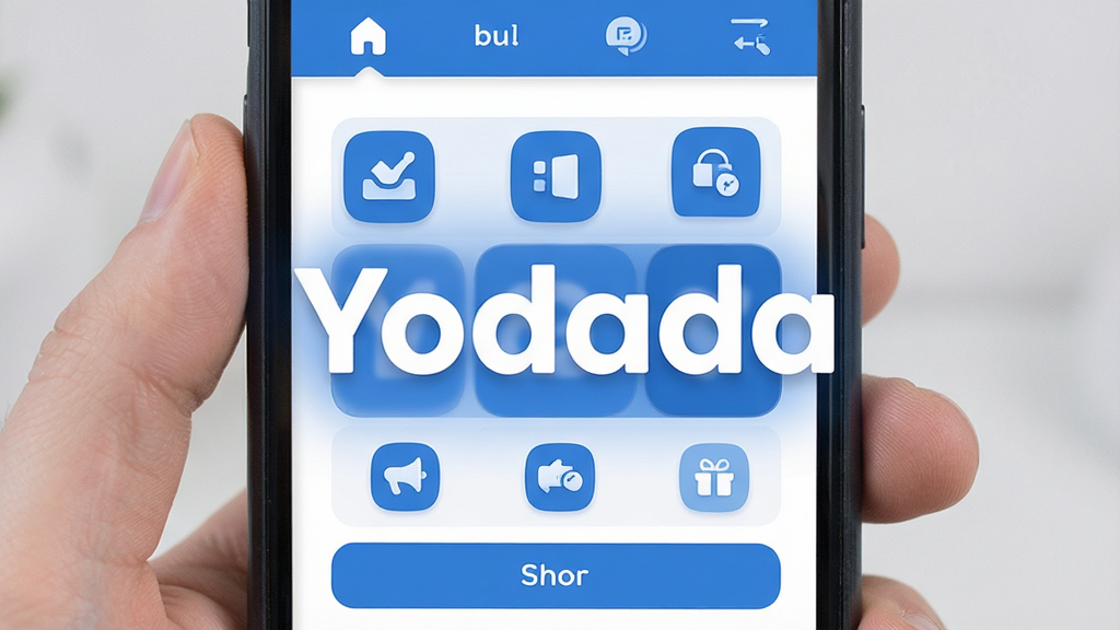 һ���ֻ���ĻչʾYodadaӦ���������ͼƬ�������������������ơ�Yodada���Ĵ�����壬���沼�ּ�࣬�����й��ܵ��������м�����չʾ���Ĺ���ͼ�꣬�ײ��в�����ť���������ִ���ƽ����ɫ������Ϊ����ϸ��Բ�󣬻��ʸɾ��������޶���Ԫ��