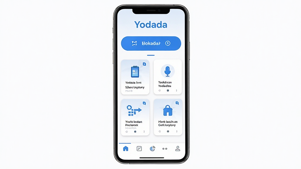 һ��չʾYodadaӦ�ù��ܲ��ֵ�ʾ��ͼ���������ֻ���Ļ��ʾ��Yodada�����ƣ���Ļ�ڲ���Ϊ�������򣬶����ǲ�����ť���в��ǹ��ܿ�Ƭ���񣬵ײ��ǵ����������������ִ���������ɫ�����ʸɾ����޶���Ԫ��