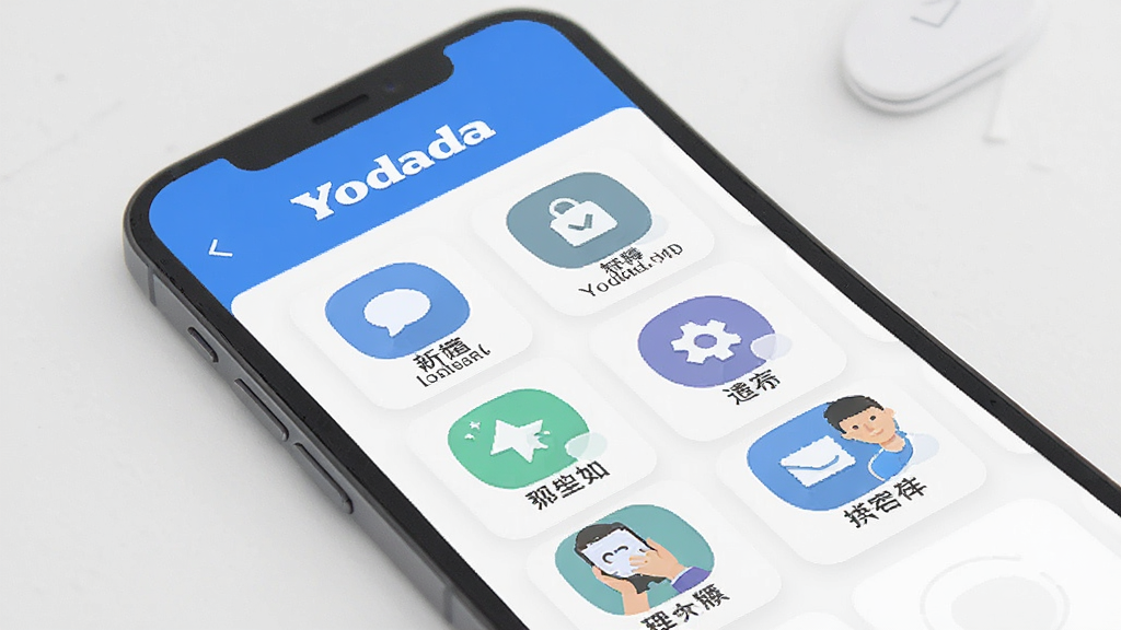 һ��չʾYodadaӦ�ù���ʵ���Ե�ʾ��ͼ���������ֻ���Ļ��ʾ��Yodada�����ƣ���Ļ�������Ŷ������ͼ�꣬ÿ��ͼ���·��м�����ֱ�ǩ�����岼�����룬����ִ���ƽ�����ʸɾ����޶���Ԫ��