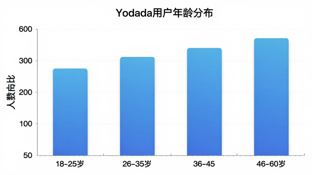 һ��չʾYodada�û�����ֲ�����״ͼ�������ע�����18-25�ꡢ26-35�ꡢ36-45�ꡢ46-60�꣬�����ע����ռ�ȣ���״ͼ��ɫΪ��ɫ���䣬ͼ������Ϊ��Yodada�û�����ֲ�����������ִ��������������޶���Ԫ��
