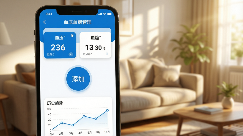 һ���ֻ���Ļ��д����Ļ���ǡ�ѪѹѪ�ǹ�����APP�������棬����ɾ���ˬ����������ɫΪ������������Ŀ�ġ�Ѫѹ����Ѫ�ǡ����ݿ�Ƭ���м������Ӽ�¼��Բ�δ�ť���ײ�����ʷ���Ƶļ�������ͼ����Χ��������ܰ�ļ�ͥ���������������룬���дʵ�������������޶���Ԫ��