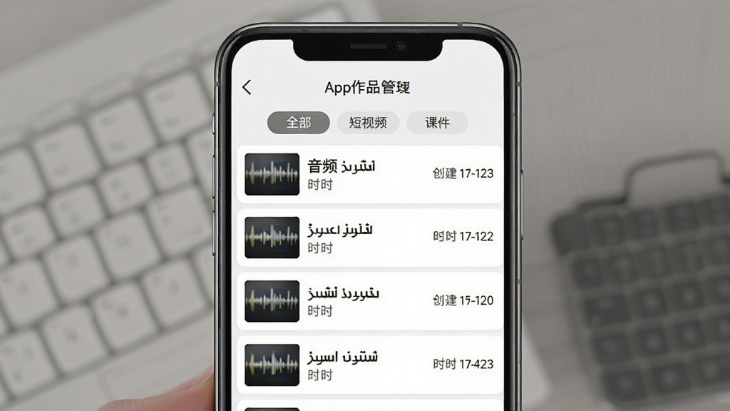 һ��չʾά��������ʦApp��Ʒ���������ͼƬ���ֻ���Ļ��ʾ���б���ͼ��ÿ����Ŀ������Ƶ���⡢ʱ���ʹ������ڣ������з����ǩ�硰ȫ������������Ƶ�������μ��������沼���������������԰�ɫ�͵���ɫΪ��������ִ���Լ�����ʸɾ�������Ԫ�ء�