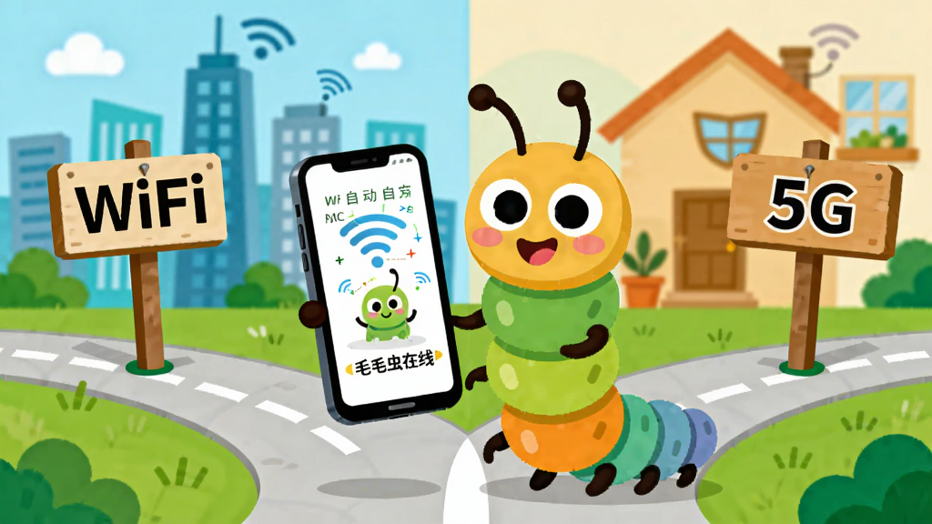һֻ��ͨëë��վ��һ���ֲ�·�ڣ����·��д�š�WiFi�����ұ�·��д�š�5G����ëë�����������ֻ����ֻ���Ļ����ʾ��ëë�����ߡ��Զ��л�����Ķ���Ч���������ǳ��кͼ�ͥ���ֳ����ںϣ���ƽ�廭���ɫ�����죬���廭��