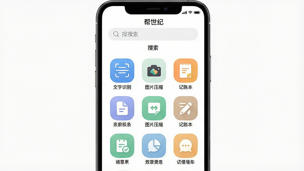 һ�š������͡�App��ҳ����ʾ��ͼ������Ϊ�ֻ���Ļ������Ϊ�����������ӾŹ�����ͼ�꣬�Ű����룬����Լ���£�ϸ�ڰ���������ʶ�𡱡�ͼƬѹ���������˱��������ֱ�ǩ�����ʸɾ��޶���Ԫ�أ�����Ϊ��ɫ��ͼ��ΪԲ�����