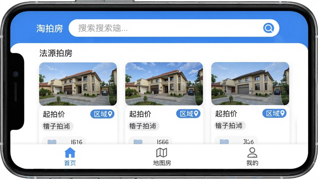 �ֻ���Ļչʾ�����ķ���APP�����棬�������������м��Ƿ��ķ���Դ�б���Ƭ��ÿ�ſ�Ƭ�з���ʵ������ͼ�����ļۡ�����λ�ñ�ǩ���ײ�������Ϊ��ҳ����ͼ�ҷ����ҵģ����岼��������������ɫ����ƽ����Ʒ��ϸ��Բ�󣬻��ʸɾ����޶���Ԫ��