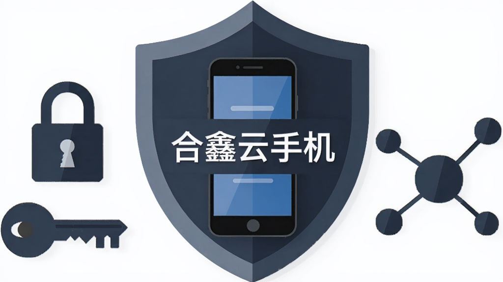 合鑫云手机 安全防护与独立IP示意图,画面主体是一个盾牌形状的图标护着一台手机,布局采用左右对称结构,左侧是锁和密钥图标,右侧是网络节点图标,风格采用扁平化深色系,细节上盾牌表面有“合鑫云手机”字样,画质干净无多余元素