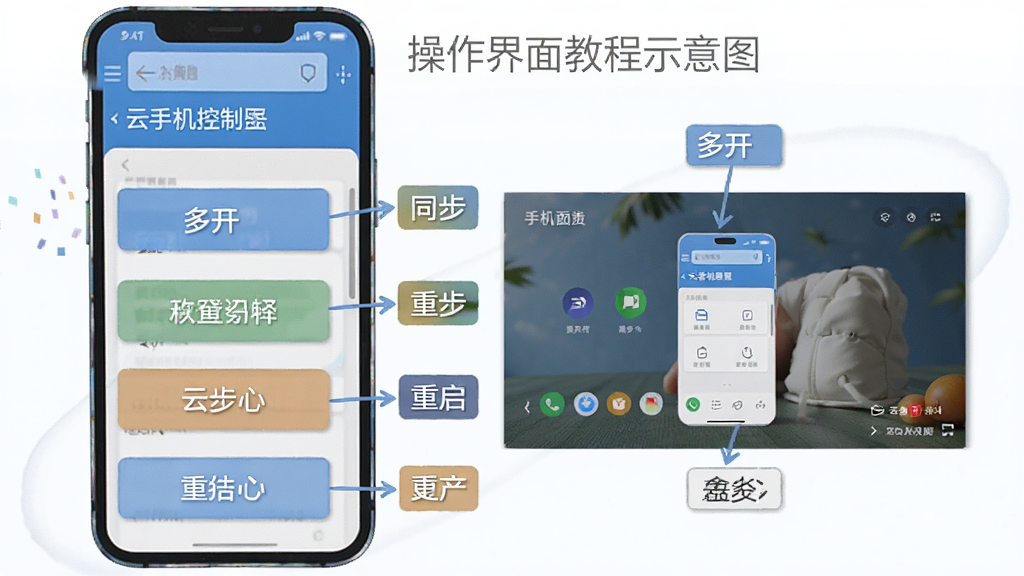 合鑫云手机 操作界面教程示意图,画面主体是手机屏幕显示云手机控制面板,布局采用分步标注形式,左侧是功能按钮列表,右侧是云手机实时画面,风格偏向扁平化教学风,细节上标注了“多开”“同步”“重启”等文字标签,画质干净无多余元素