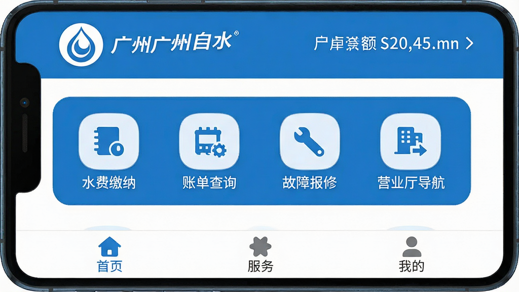��������ˮAPP������չʾ������ɫ�Ͱ�ɫΪ��ɫ����������ʾ��������ˮ�ٷ���־���û���ǰˮ�����м�����������ˮ�ѽ��ɡ��˵���ѯ�����ϱ��ޡ�Ӫҵ�������ĸ�����ͼ�꣬�ײ�Ϊ��ҳ�������ҵ�����ѡ������岼�ּ������������ִ���ƽ��ͼ��Բ�󣬻��ʸɾ��޶���Ԫ��