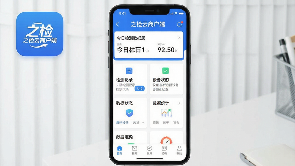 一张手机应用界面展示图,画面中央是“之检云商户端”的App图标和主界面,界面顶部显示商户名称和今日检测数据概览,中间是功能模块卡片式布局,包含检测记录、设备状态、数据统计等入口,底部为导航栏,整体采用蓝白配色,风格简洁现代,界面文字清晰可辨,画质干净,无多余元素