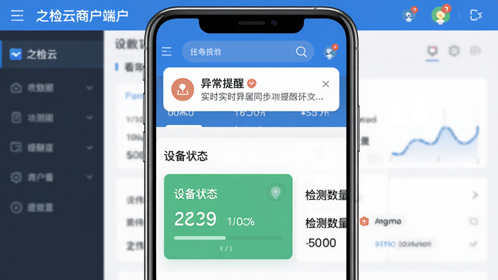 之检云商户端功能界面截图,画面展示实时数据同步与提醒功能,手机屏幕上方弹出异常提醒通知,下方是数据看板,显示设备在线状态和检测数量,界面采用蓝色主题,图标清晰,布局规整,风格扁平化设计,画质干净,无多余元素