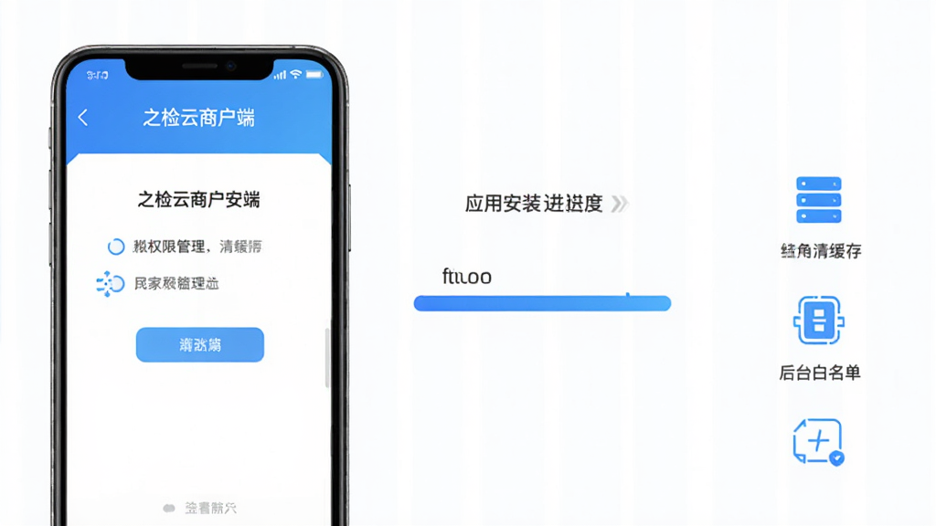 之检云商户端安装设置界面,画面展示手机权限管理页面和应用安装进度条,旁边有清缓存和后台白名单设置的示意图标,界面风格简洁明了,蓝白配色,文字提示清晰,画质干净,无多余元素
