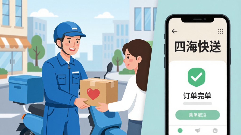 ����������һ��������ɫ��������������΢Ц�Ž������ݸ�һλ����Ůʿ�������Ǹɾ�����ĳ��нֵ��͵綯�����ֻ���Ļ����ʾ�š��ĺ����͡�����Ŀ���棬���������ֺ��û�λ�ڻ�������ƫ���Ҳ����ֻ���д���Ű�������ҷָͼ��������������µı�ƽ���廭��ϸ����Ҫͻ�������ϵİ��ı�־���ֻ���Ļ�ϵĶ�����ɹ�ѡ�����������ɾ����޶���Ԫ��