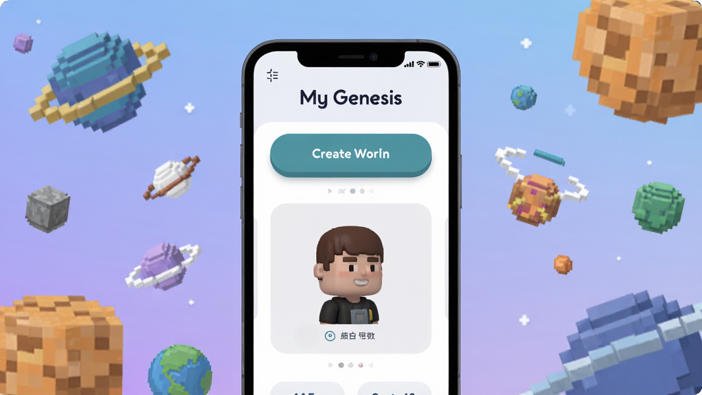 һ��չʾMy Genesis��������ȫò�ĳ���ͼ�������������ֻ���Ļ����Ļ����ʾMy Genesis�������棬�������д�������İ�ť�ͽ�ɫԤ��ͼ����Χ���������ط��ķ��������Ԫ�أ���������͵�����ɫ���䣬�Ű������ˣ�����ִ���ƽ��ϸ��Բ�󣬻��ʸɾ����޶���Ԫ��