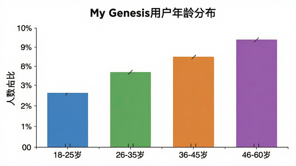 һ��չʾMy Genesis�û�����ֲ�����״ͼ�������ע�������䡰18-25�ꡱ��26-35�ꡱ��36-45�ꡱ��46-60�ꡱ�������ע����ռ�ȣ���״ͼ��ɫ�ֱ�Ϊ��ɫ����ɫ����ɫ����ɫ��ͼ������Ϊ��My Genesis�û�����ֲ�����������ɫ������࣬�Ű�������ϸ�ڸɾ����޶���Ԫ��