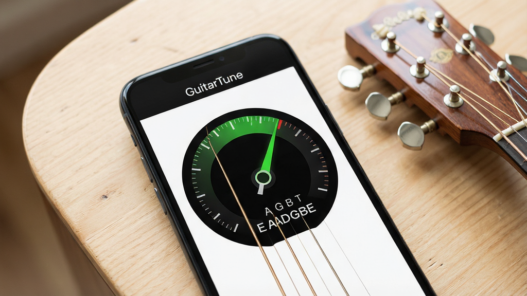 һ���ֻ���Ļ��д����Ļ������ʾ��GuitarTune��Ӧ�ý��棬����������һ��Բ�ε������̣�ָ��ָ����ɫ���򣬱����·������������ҵ���ĸ��ʶEADGBE��������ǳɫľ�����棬�Ա߷���һ��ԭ����������ͷ�����������Ȼ������ɾ����࣬�޶���Ԫ�أ����廭��