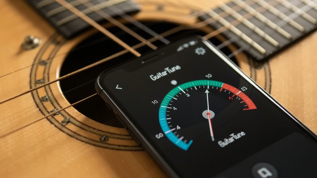 һ���ֻ����ڼ������׸������ֻ���Ļ��ʾ��GuitarTune���ĵ���ָ������ָ������̶ȣ�������ģ���ļ����������ң�����ɫ����ů��ͻ���ֻ���Ļ�ϵĵ������棬��ͼ��࣬����������������Ԫ��