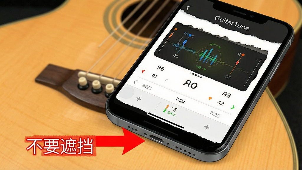 һ���ֻ���ͼ���Ľ�ѧͼ���������ֻ���Ļ��ʾ��GuitarTune���������棬�Ա��к�ɫ��ͷָ���ֻ��ײ���˷�λ�ò���ע����Ҫ�ڵ����������Ǽ�����������������̳̲�ͼ��������������ͼֱ�ۣ����ʸɾ�