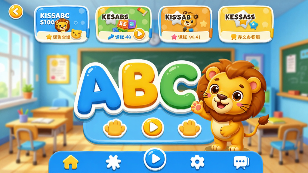 KISSABCӢ������ѧϰApp������չʾ�����������ǿ�ͨ������ĸABC��һ��Сʨ�Ӽ����ﻥ���������������Ľ��ҳ����������Ϸ�Ϊ�γ̿�Ƭ���м�Ϊ����ѧϰ�����·�Ϊ�ײ��������������ÿɰ���ɫ��������Ϊ����ϸ��Բ�󣬻��ʸɾ��������޶���Ԫ��