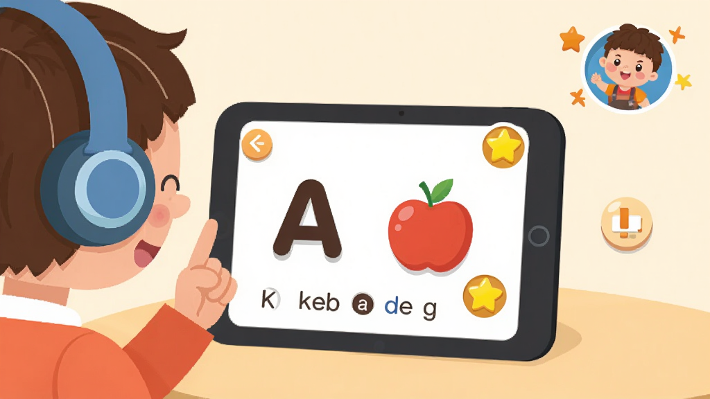 KISSABC����ʽ�����γ̽��棬������һ��С���Ѵ��Ŷ�������ƽ�����Ӣ�ﵥ�ʣ���Ļ����ʾ��ĸA��ƻ��ͼ�����Ա������ǽ���ͼ�꣬����Ϊ�γ����ݾ��С��������������Ͻǣ����ͨ��ƽ��ϸ����ܰ�����ʸɾ��޶���Ԫ��