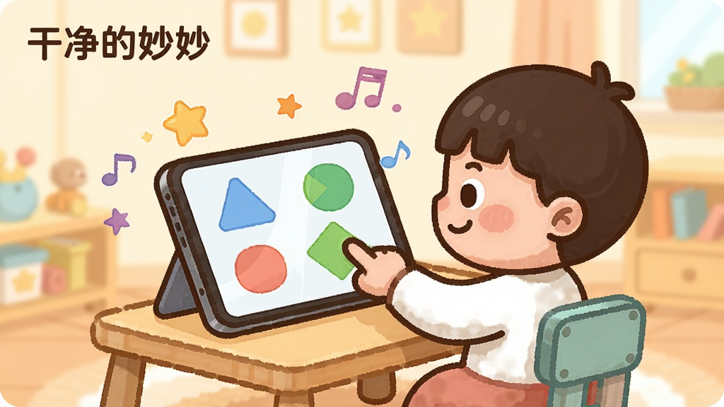 һ�š��ɾ������App�ڲ����������Ĳ廭������չʾһ����ͨ��ͯ����С��ǰ����ָ�����Ļ�ϵĲ�ɫ����ͼ�Σ���Ļ��Χ�����Ǻ�����Ʈ������������ܰ�Ķ�ͯ����ɫ����ů�����Ϊ��ƽ��ͨ������������ͼƬ�а������֡��ɾ������