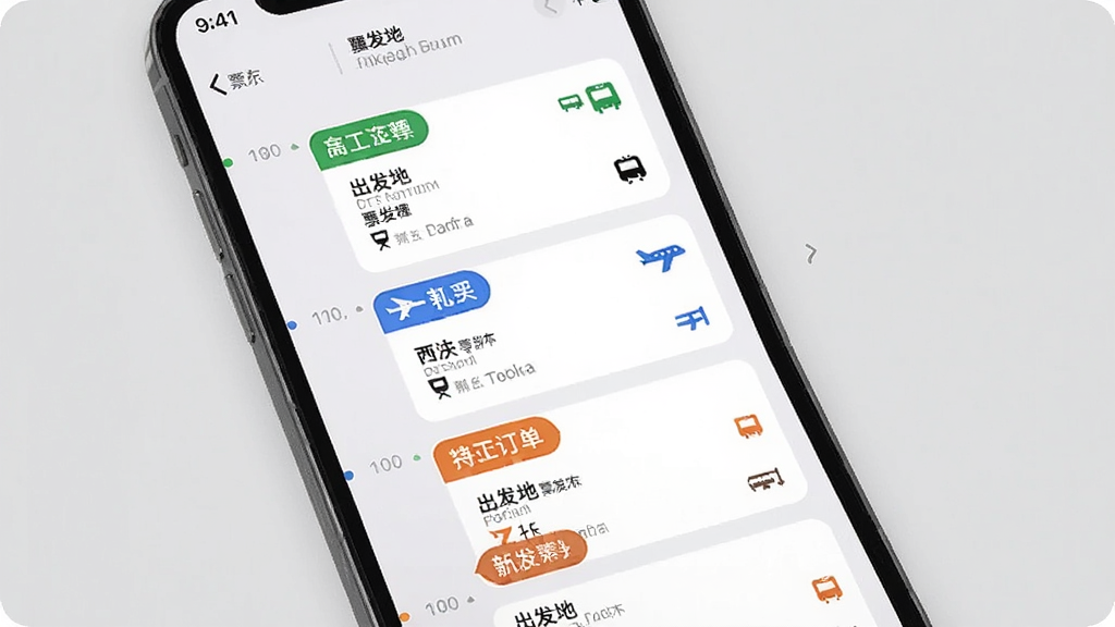 ����Ʊ������Ʊ�ݹ鼯����չʾ��һ���ֻ���Ļ��ʾ����Ʊ��App��Ʊ���б�ҳ�棬ҳ���л�Ʊ����Ʊ���Ƶ궩���Բ�ͬ��ɫ��ǩ���֣���ʱ������ϵ������У�ÿ��Ʊ�ݿ�Ƭ���г����غ�Ŀ�ĵ�С�֣�������ǳ��ɫ�������ˬ�����ʸɾ�