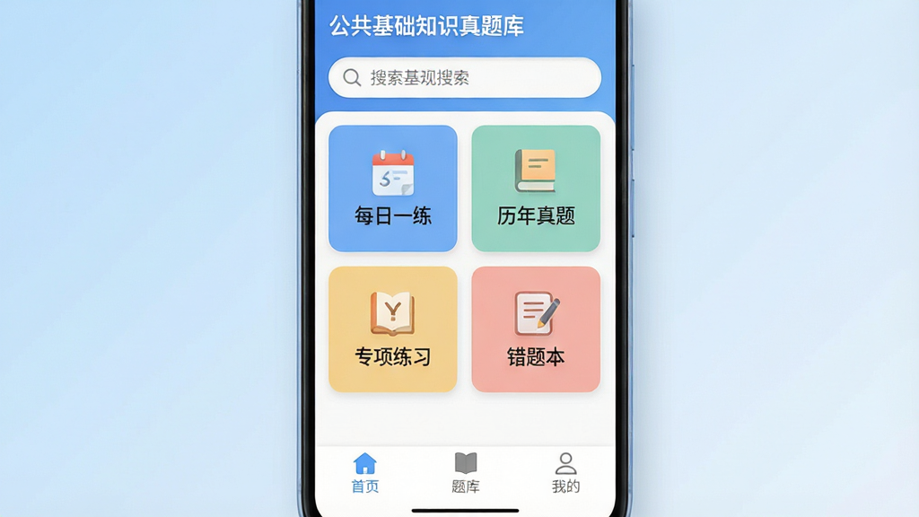 一张手机应用界面展示图,主体是安卓手机屏幕,屏幕中显示“公共基础知识真题库”应用主界面,布局为顶部搜索栏,中间是“每日一练”“历年真题”“专项练习”“错题本”四个功能入口卡片,底部为“首页”“题库”“我的”三个导航标签,排版简洁清晰,风格现代扁平化,细节圆润,画质干净无多余元素,背景为浅蓝色渐变