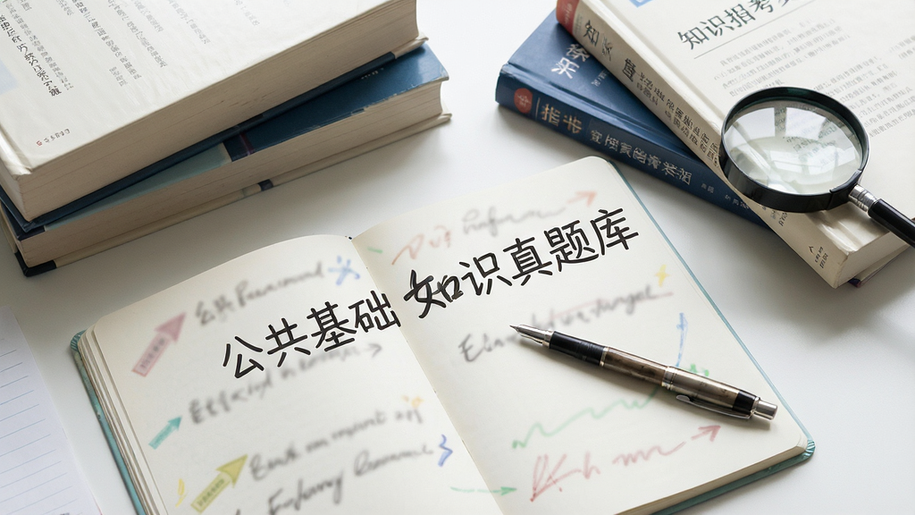 一张知识学习场景图,主体是一本翻开的笔记本和一支笔,笔记本上写着“公共基础知识真题库”字样,旁边放着几本参考书和一个放大镜,布局为桌面俯拍视角,排版自然随意,风格写实清新,细节丰富,画质清晰干净,无多余元素,光线柔和