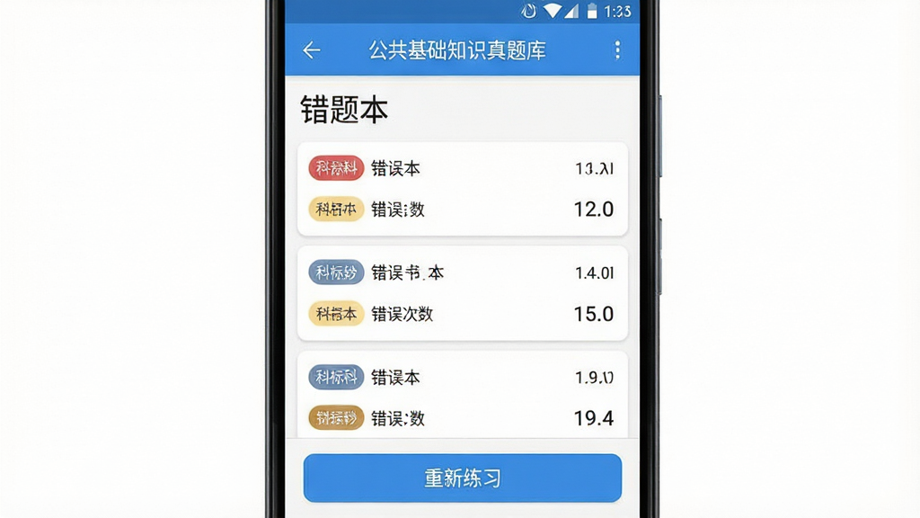 一张手机应用功能展示图,主体是安卓手机屏幕,屏幕中显示“公共基础知识真题库”的错题本界面,布局为顶部标题“错题本”,中间是错题列表,每道题显示科目标签和错误次数,底部是“重新练习”按钮,排版整齐,风格简洁现代,细节清晰,画质干净无多余元素,背景为白色