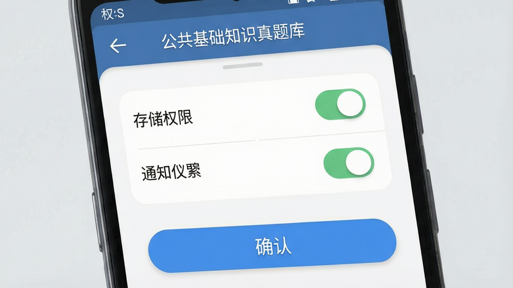 一张手机操作指引图,主体是安卓手机屏幕,屏幕中显示“公共基础知识真题库”的权限设置界面,布局为顶部标题“权限管理”,中间是存储权限和通知权限的开关按钮,底部是“确认”按钮,排版清晰,风格简洁现代,细节圆润,画质干净无多余元素,背景为浅灰色