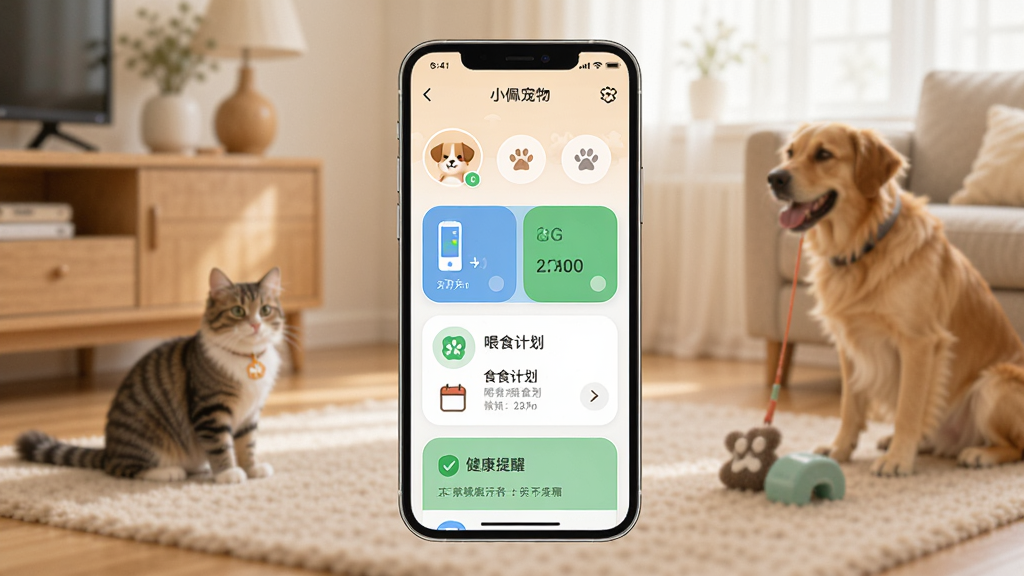 һ��չʾС�����APP���Ĺ��ܵ��ֻ�����ͼ������������һ�������ֻ�����Ļ����ʾ��С�����APP����ҳ�����Կ�������ͷ���豸״̬��Ƭ��ιʳ�ƻ�ͼ��ͽ�������ģ�飬��������ܰ�ļҾӻ�������è�͹���Զ����ˣ������ɫ����ů����������ִ���࣬ϸ�����������ʸɾ��޶���Ԫ��