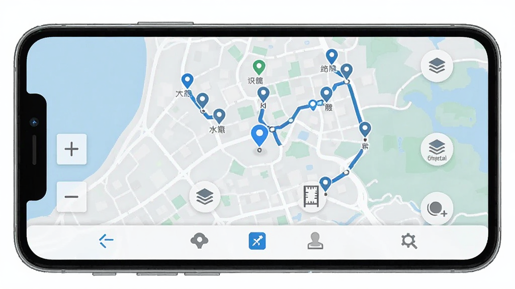 һ��չʾˮ��΢ͼ�ֻ�App�������ͼƬ����������Ϊ�ֻ���Ļ����Ļ����ʾ��ˮ��΢ͼApp�ĵ�ͼ�������棬��ͼ���������ı�ע�㡢·�ߺͲ�������ͼ�꣬���ּ�����ˡ����Ϊ�ִ���ƽ���Ƽ��磬ϸ�ڰ�����ͼ���ſؼ���ͼ���л���ť�͵ײ������������������ɾ����޶���Ԫ�أ�����ɫ�������׻�Ϊ����