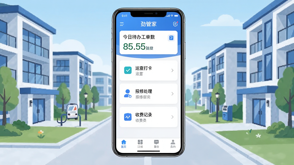 劲管家员工App主界面全貌展示,手机屏幕居中,顶部显示今日待办工单数量,中部为巡查打卡、报修处理、收费记录三大功能卡片,底部导航栏清晰,背景为现代物业小区插画风格,蓝白配色,干净整洁,画质清晰,无多余元素
