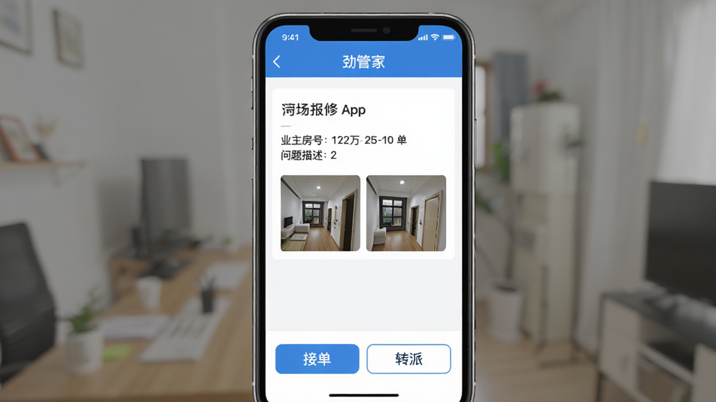 劲管家员工App工单处理界面,手机屏幕显示一条待处理报修工单,包含业主房号、问题描述、现场照片缩略图,底部有“接单”和“转派”按钮,界面风格简洁扁平,蓝白配色,文字清晰,画质干净无多余元素