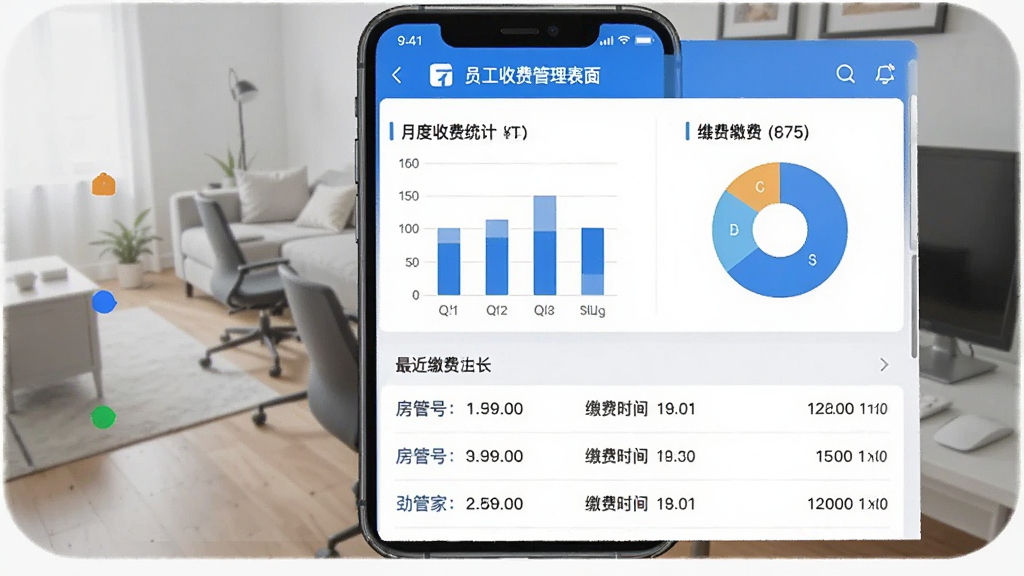劲管家员工收费管理界面,手机屏幕显示月度收费统计图表,包含柱状图和饼状图,下方列有最近缴费记录列表,每笔显示房号、金额、缴费时间,界面设计现代,蓝白主色调,画质干净无多余元素